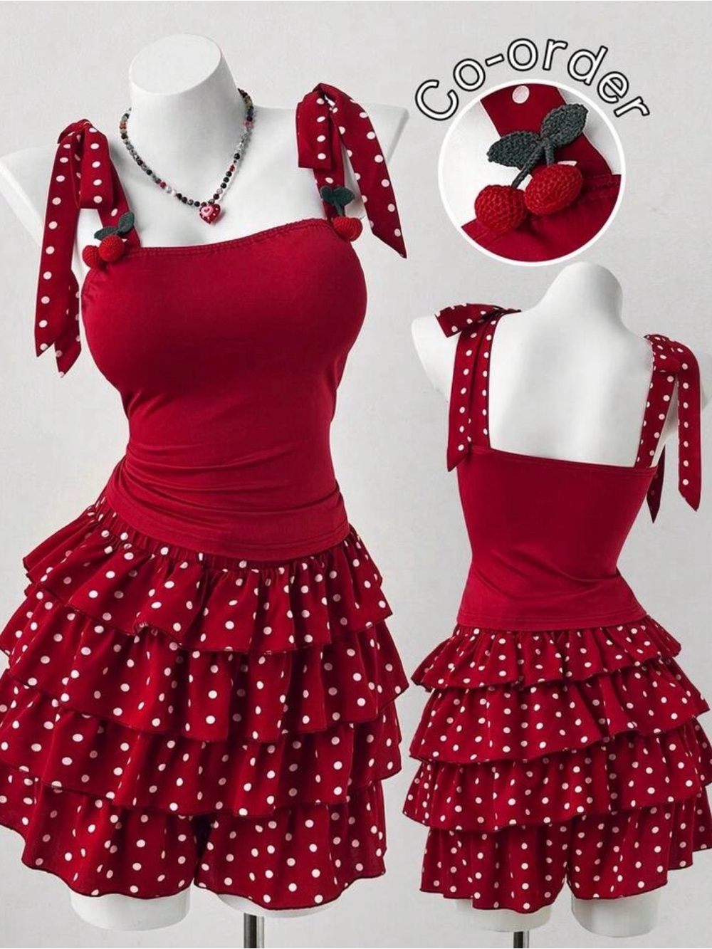Red Polka Dot Tie-Shoulder Ruffle Tank Top